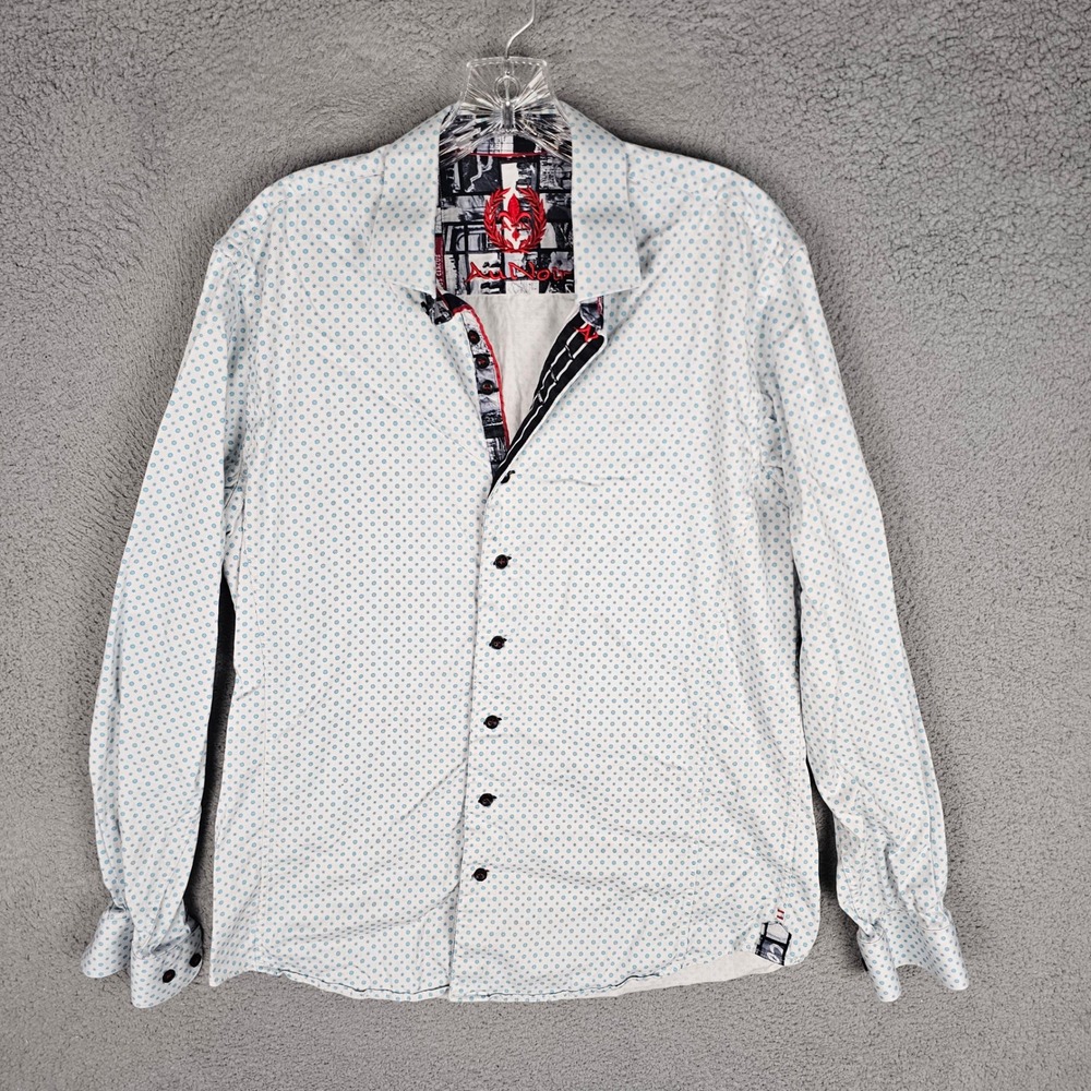Au Noir Button Down Shirt Mens L White Blue Floral Micro Dot Long Sleeve